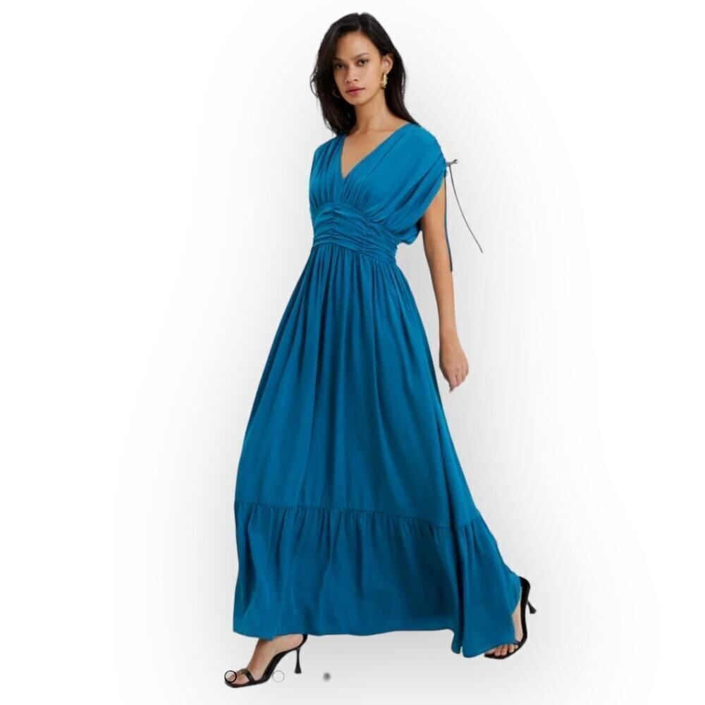 French Connection Audrey Dress Women's 6 Blue Satin Maxi V-Neck Cinched Sleeves